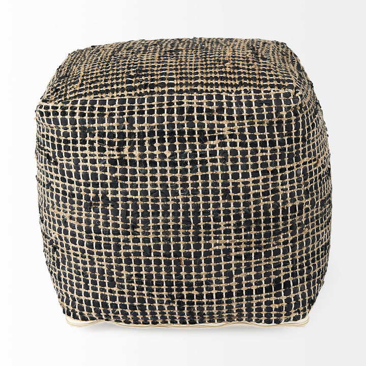 Aalia Charcoal Leather and Jute Pouf Living Room Mercana