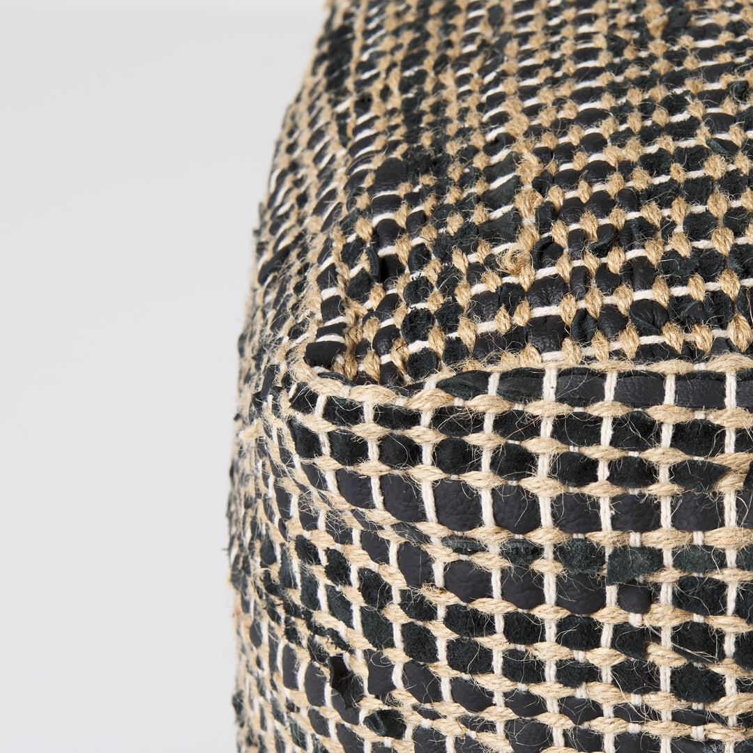 Aalia Charcoal Leather and Jute Pouf Living Room Mercana