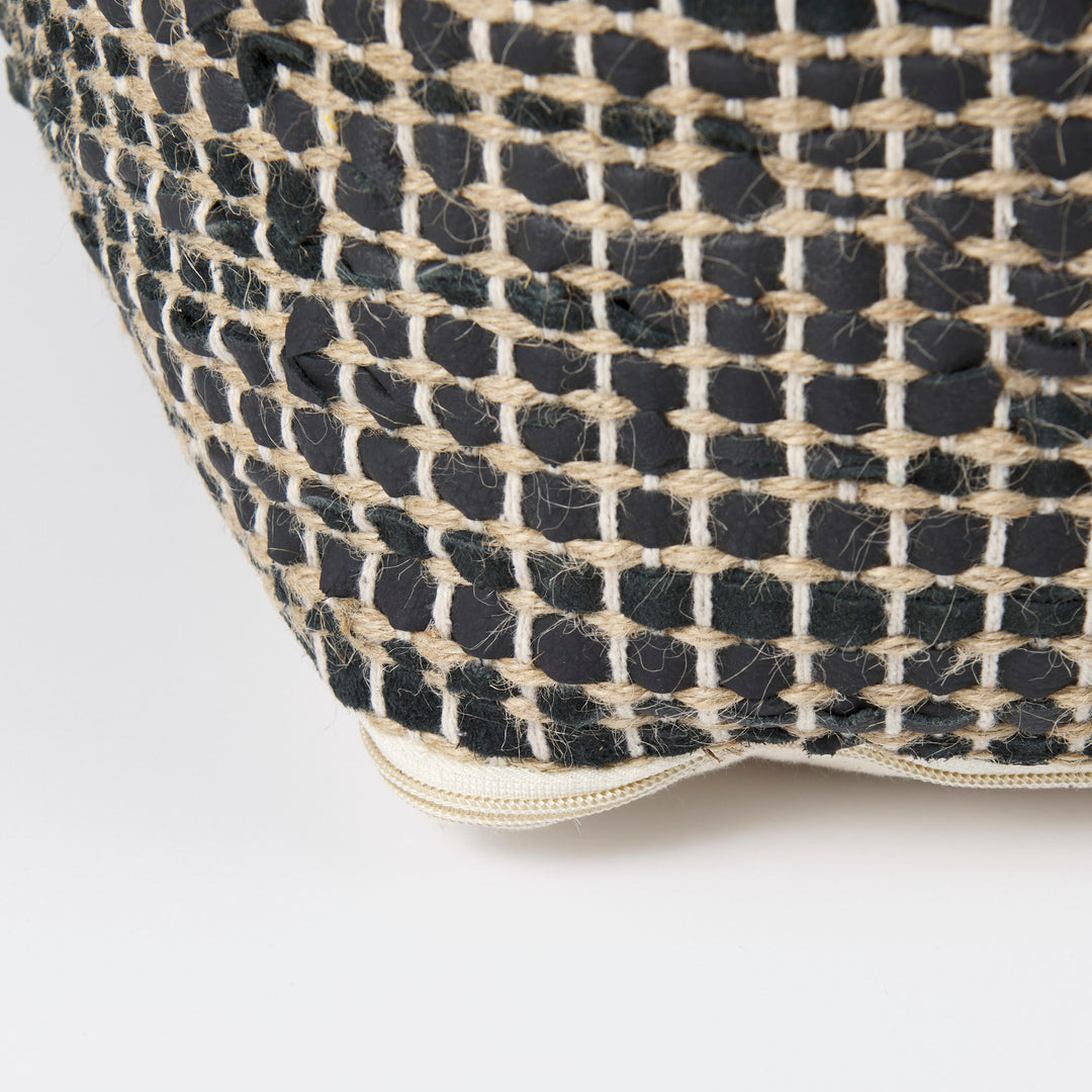 Aalia Charcoal Leather and Jute Pouf Living Room Mercana