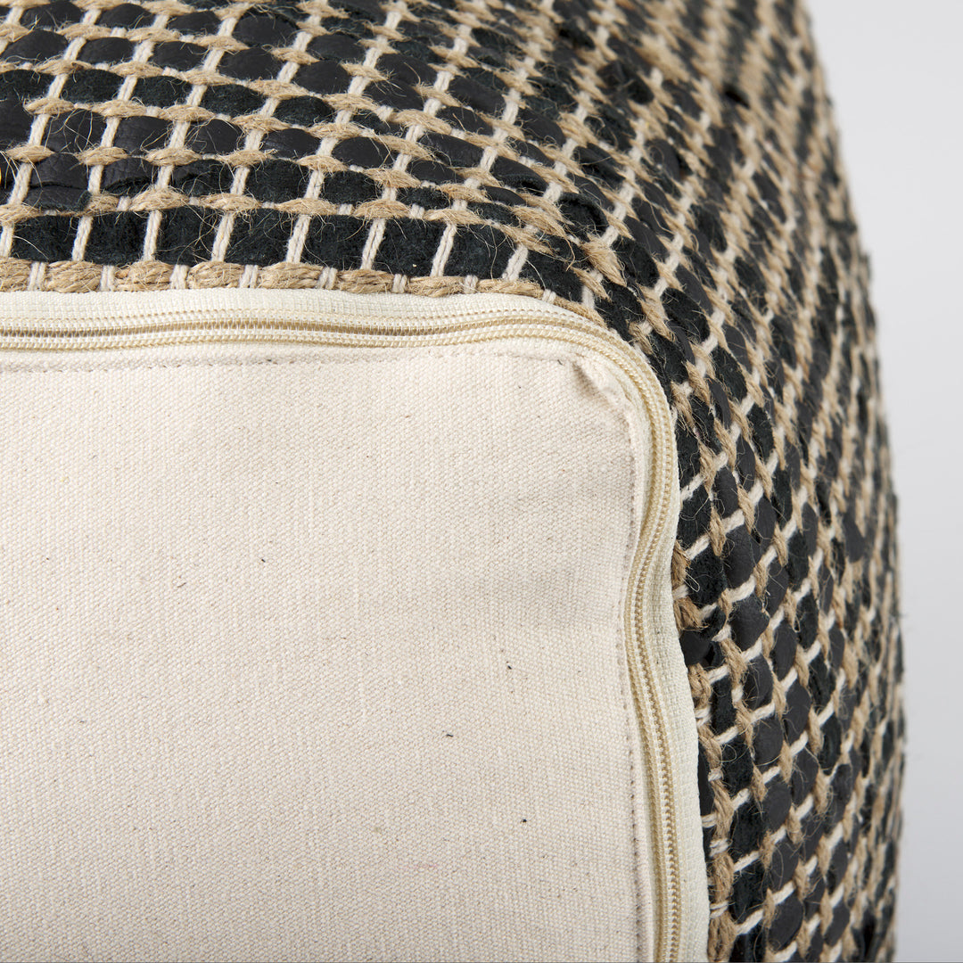 Aalia Charcoal Leather and Jute Pouf Living Room Mercana
