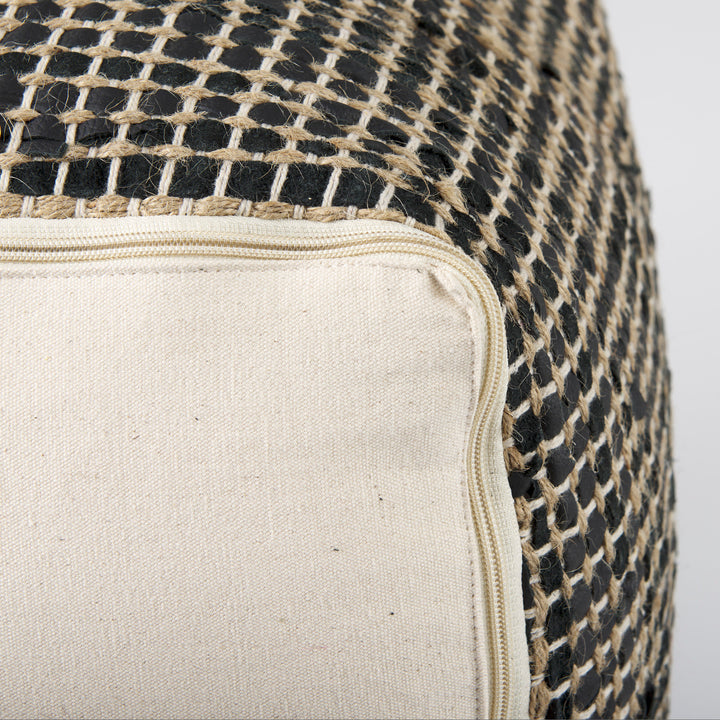 Aalia Charcoal Leather and Jute Pouf Living Room Mercana
