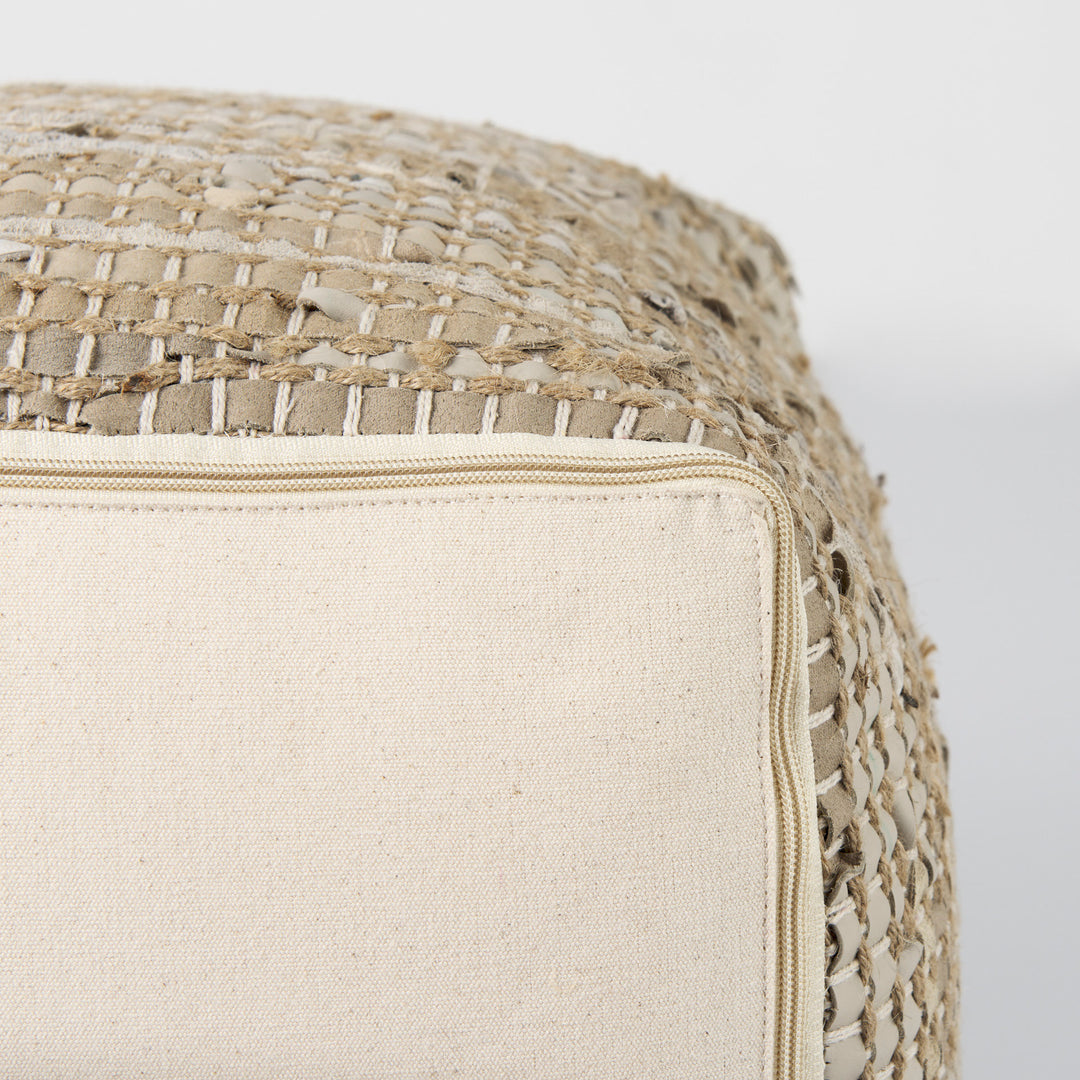 Aalia Beige Leather and Jute Pouf Living Room Mercana