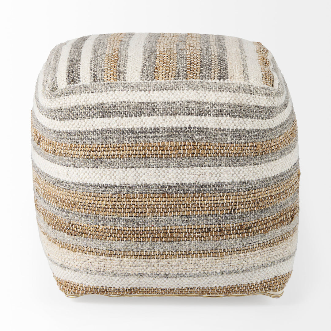 Aahana White/Taupe/Gray Striped Hemp and Cotton Pouf Living Room Mercana