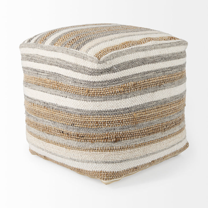 Aahana White/Taupe/Gray Striped Hemp and Cotton Pouf Living Room Mercana