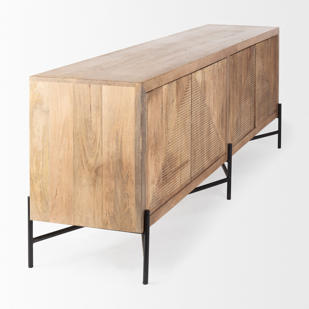 Cairo 78x19 Brown Solid Wood Black Metal Base 4 Door Cabinet Sideboard Dining Room Mercana