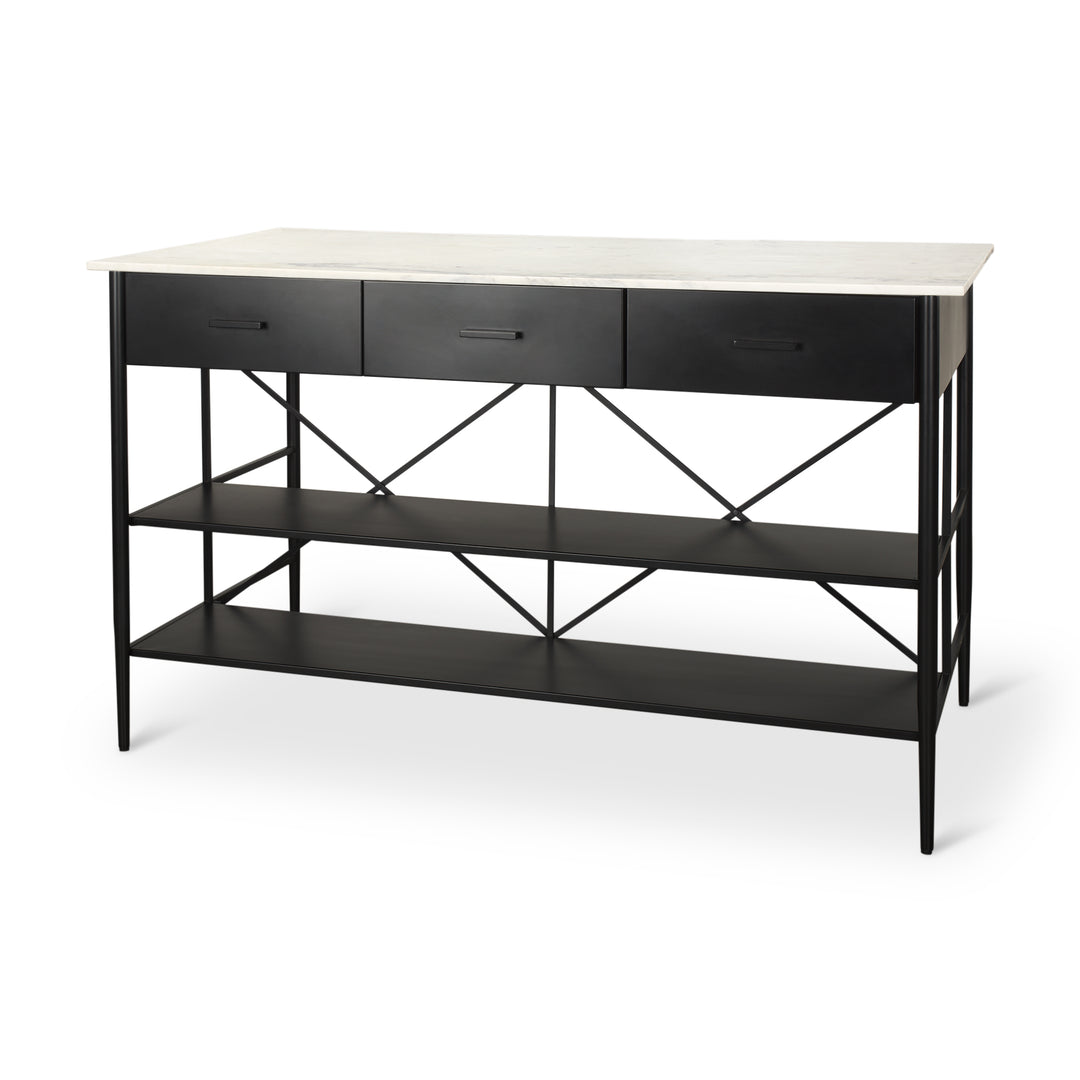 Amika White Marble Top Black Metal Base Kitchen Island Dining Room Mercana