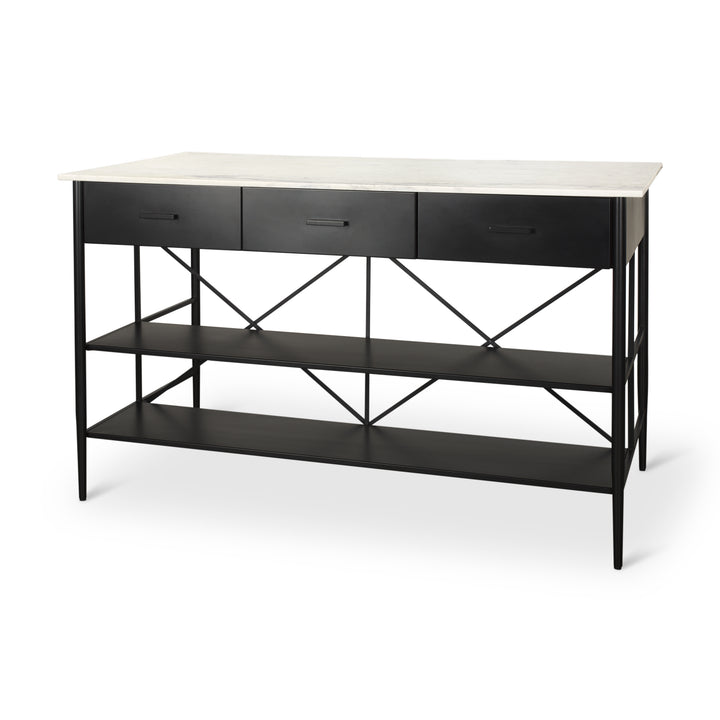 Amika White Marble Top Black Metal Base Kitchen Island Dining Room Mercana