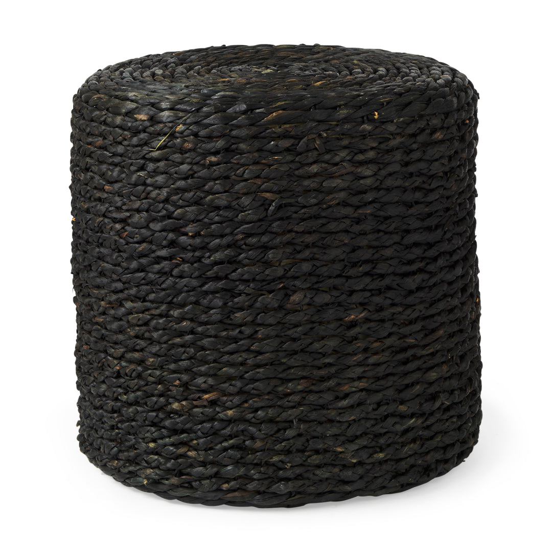 Dina Black Cornhusk and Water Hyacinth Round Pouf Living Room Mercana