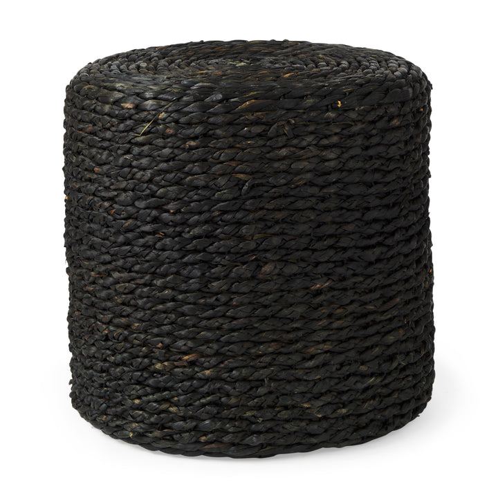 Dina Black Cornhusk and Water Hyacinth Round Pouf Living Room Mercana