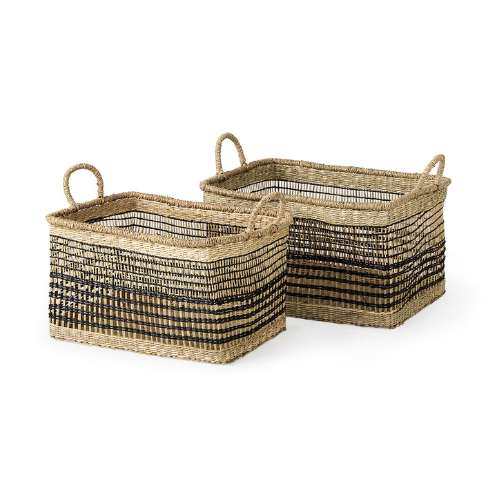 Nia Set of 2 Light Brown Seagrass Rectangular Basket with Handles Decor Mercana