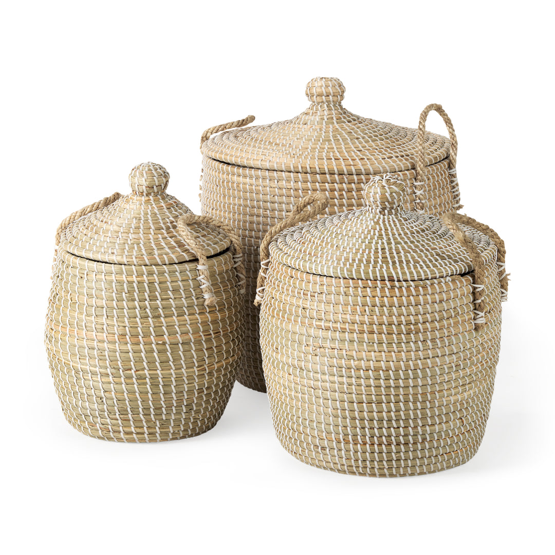 Olivia Set of 3 Beige Seagrass Basket W/Lid and Handles Decor Mercana