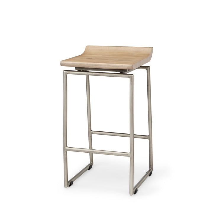 Givens 25.8"H Seat Height Brown Wood W/Silver Metal Frame Counterstool Dining Room Mercana