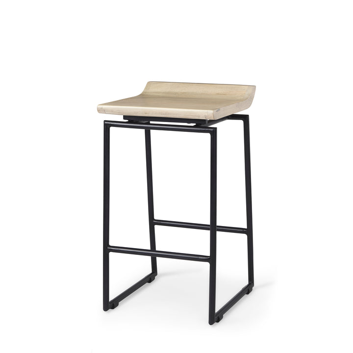 Givens 25.8"H Seat Height Natural Wood W/Black Metal Counter Stool Dining Room Mercana