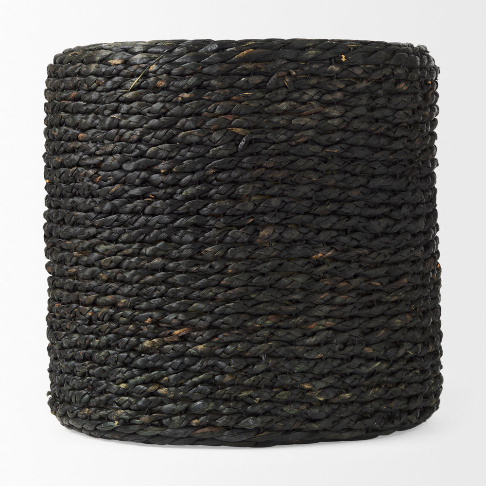 Dina Black Cornhusk and Water Hyacinth Round Pouf Living Room Mercana