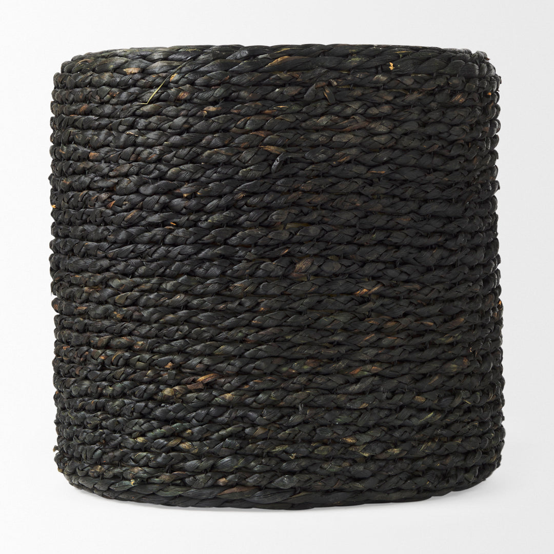 Dina Black Cornhusk and Water Hyacinth Round Pouf Living Room Mercana