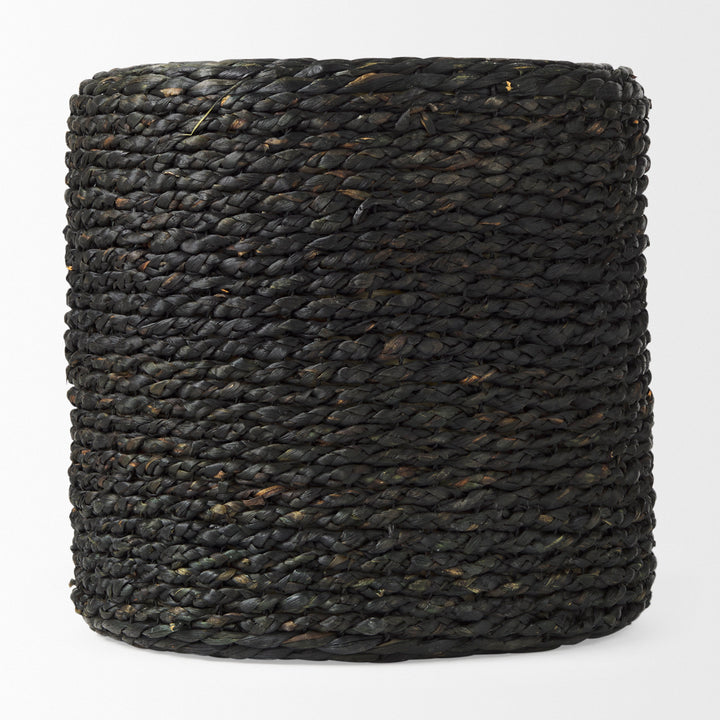 Dina Black Cornhusk and Water Hyacinth Round Pouf Living Room Mercana