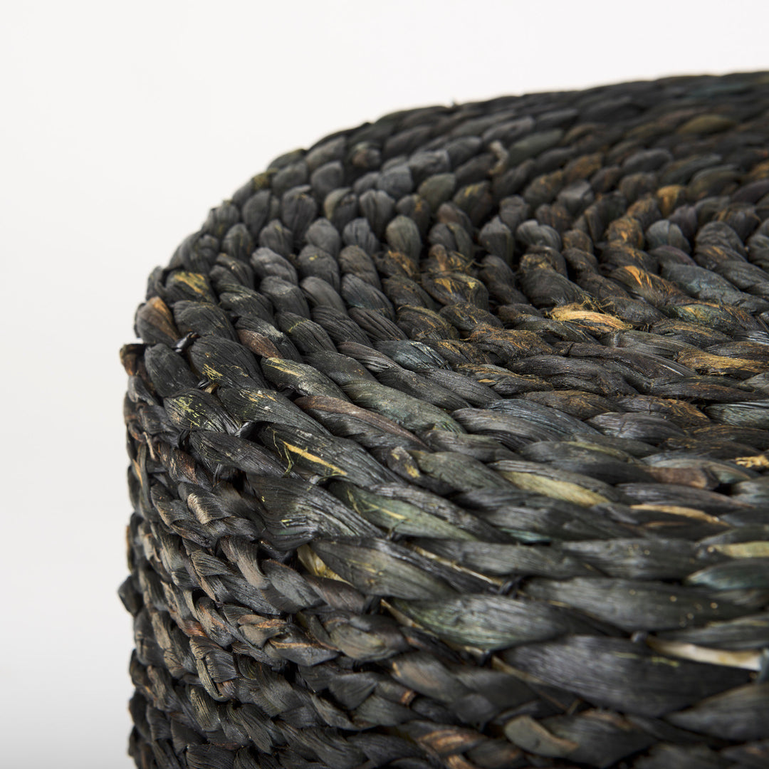 Dina Black Cornhusk and Water Hyacinth Round Pouf Living Room Mercana