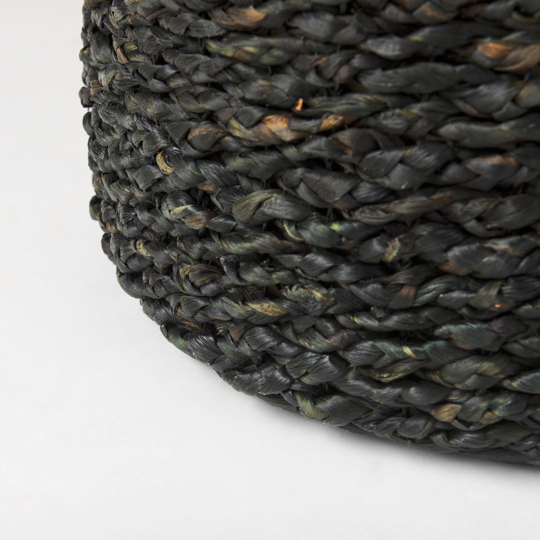 Dina Black Cornhusk and Water Hyacinth Round Pouf Living Room Mercana