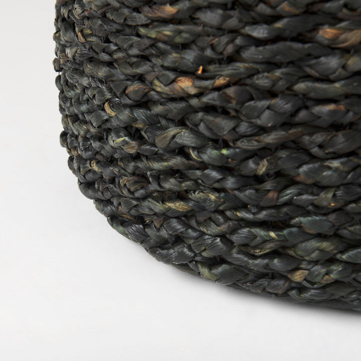 Dina Black Cornhusk and Water Hyacinth Round Pouf Living Room Mercana