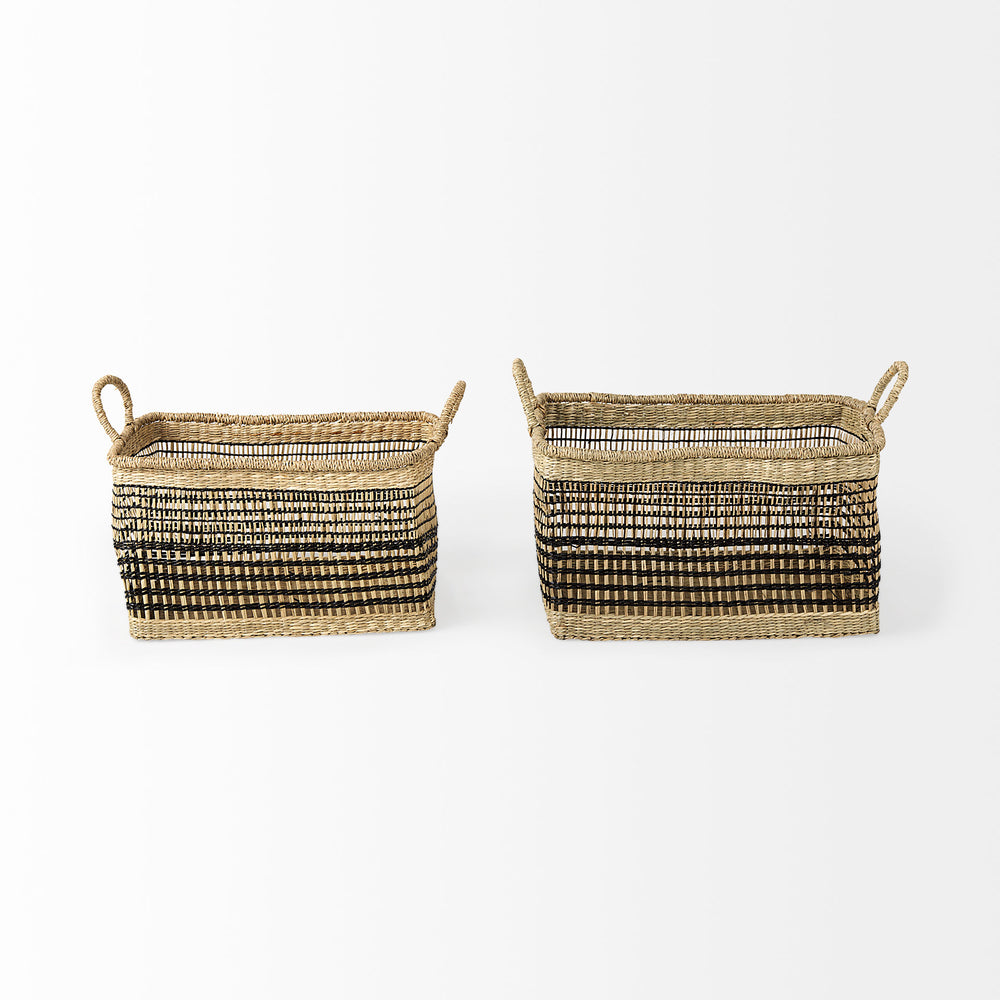 Nia Set of 2 Light Brown Seagrass Rectangular Basket with Handles Decor Mercana