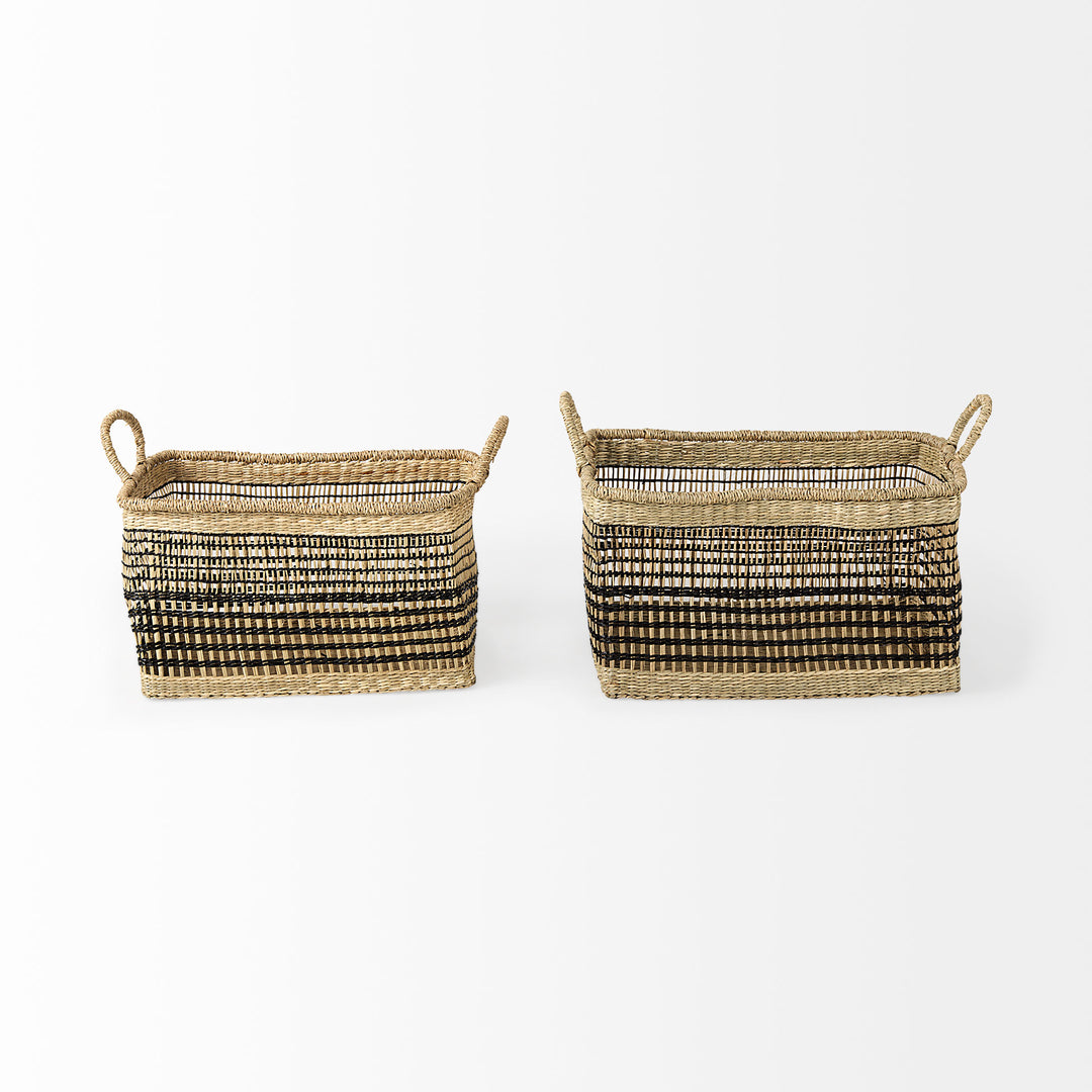 Nia Set of 2 Light Brown Seagrass Rectangular Basket with Handles Decor Mercana
