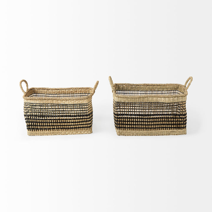 Nia Set of 2 Light Brown Seagrass Rectangular Basket with Handles Decor Mercana