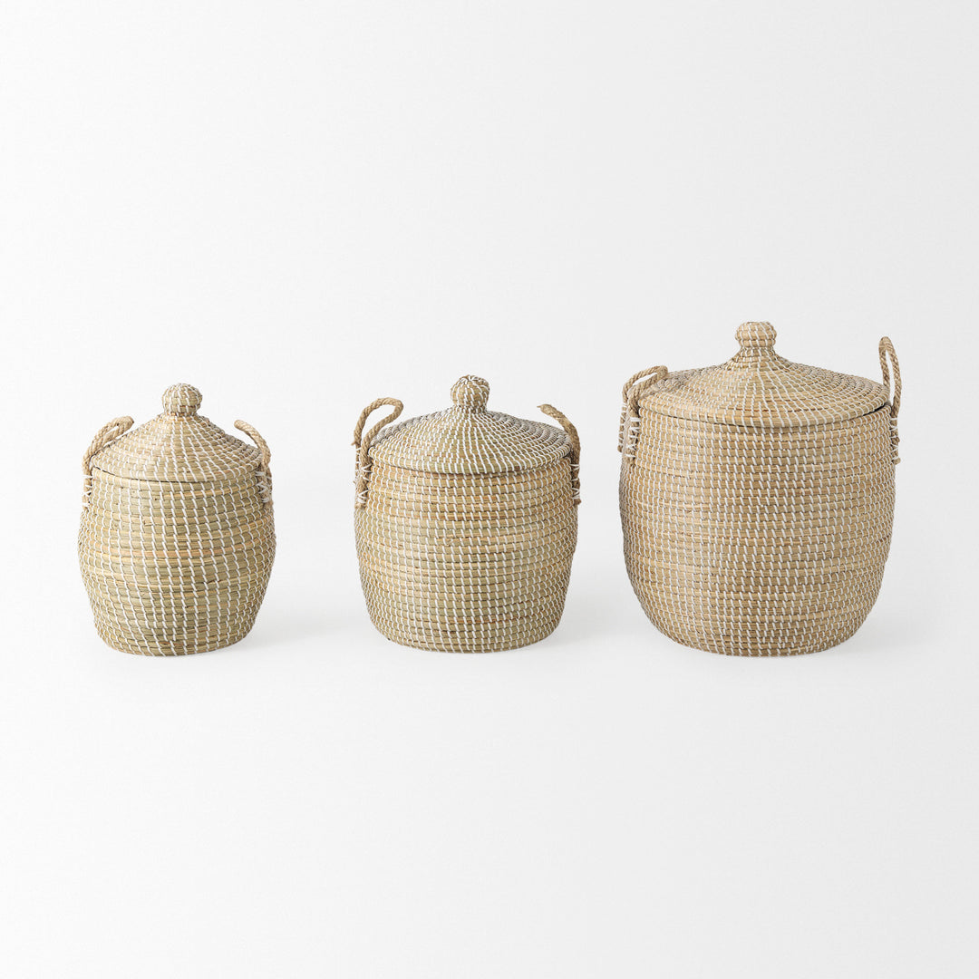 Olivia Set of 3 Beige Seagrass Basket W/Lid and Handles Decor Mercana