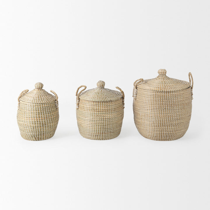 Olivia Set of 3 Beige Seagrass Basket W/Lid and Handles Decor Mercana
