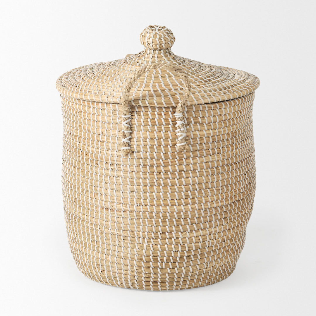 Olivia Set of 3 Beige Seagrass Basket W/Lid and Handles Decor Mercana