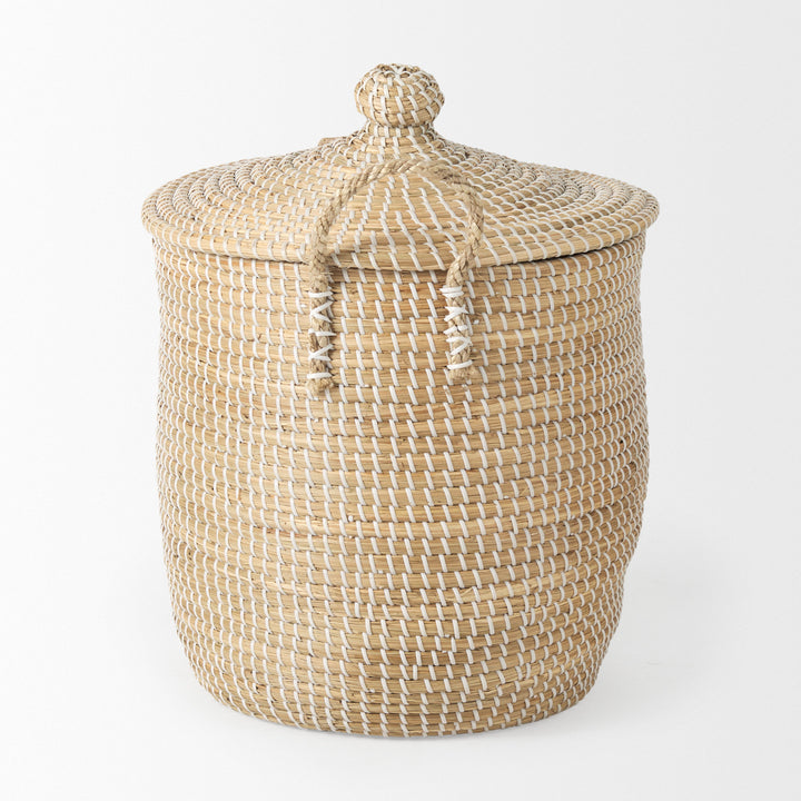 Olivia Set of 3 Beige Seagrass Basket W/Lid and Handles Decor Mercana