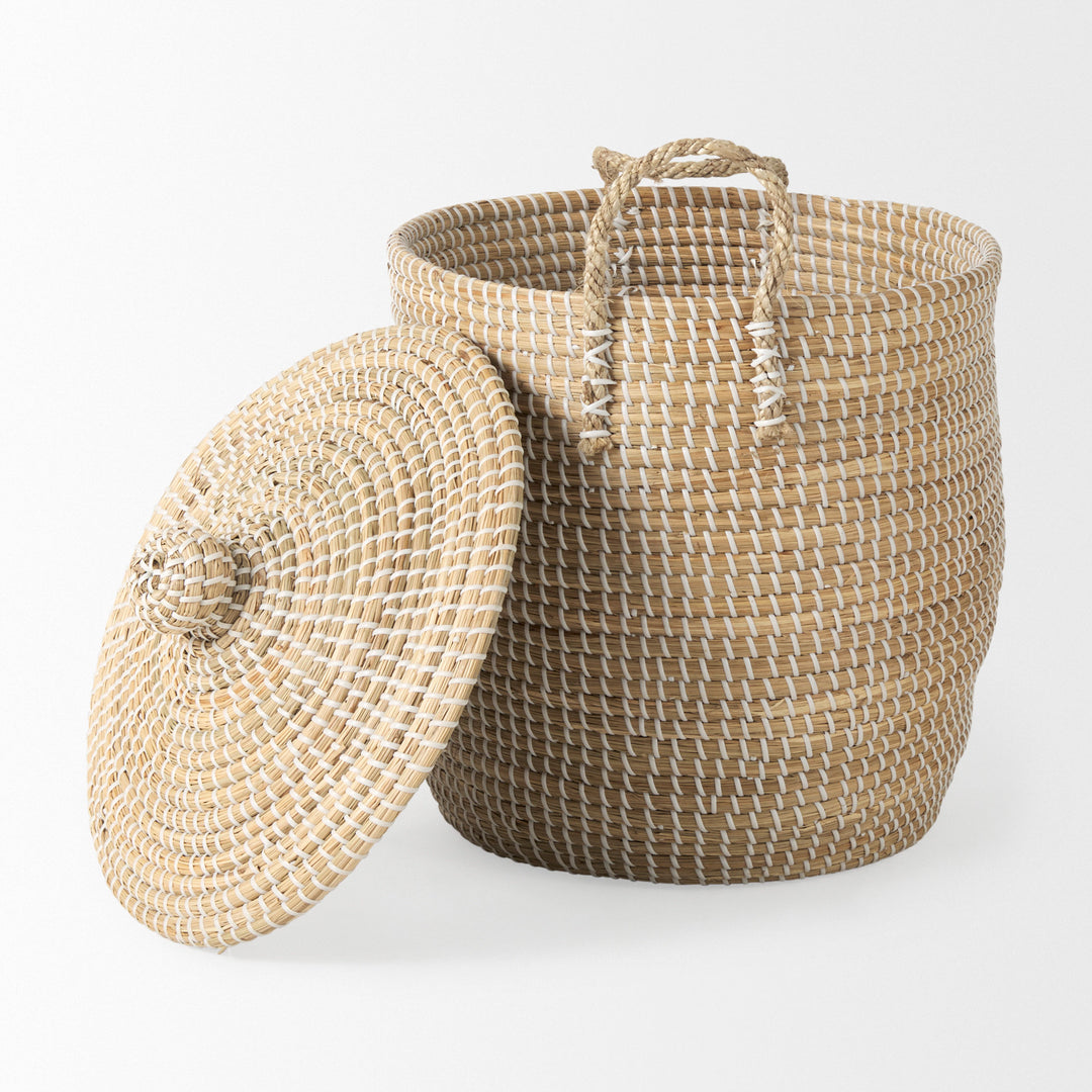 Olivia Set of 3 Beige Seagrass Basket W/Lid and Handles Decor Mercana