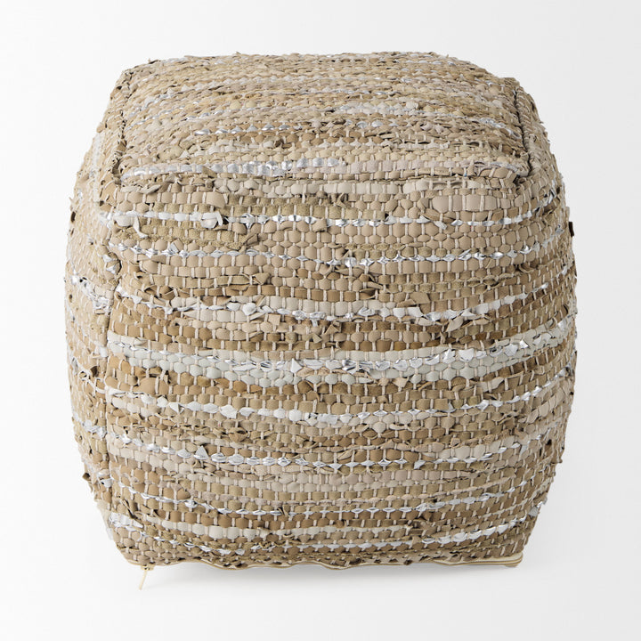 Aadhya Taupe/Silver Leather and Cotton Pouf Living Room Mercana