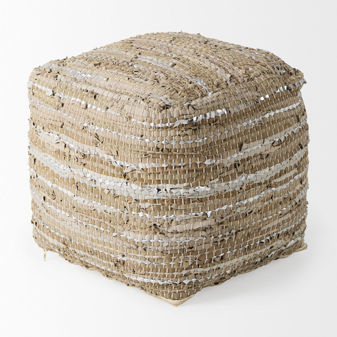 Aadhya Taupe/Silver Leather and Cotton Pouf Living Room Mercana