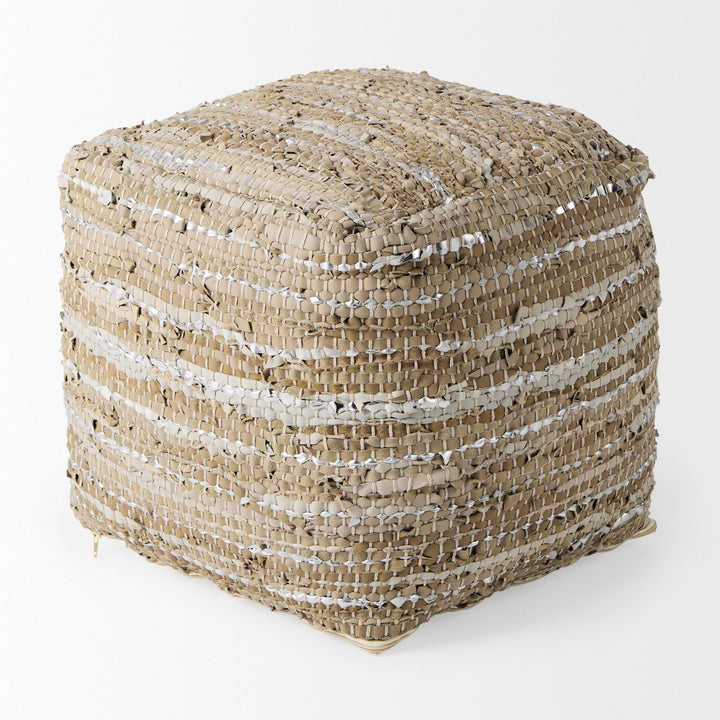 Aadhya Taupe/Silver Leather and Cotton Pouf Living Room Mercana