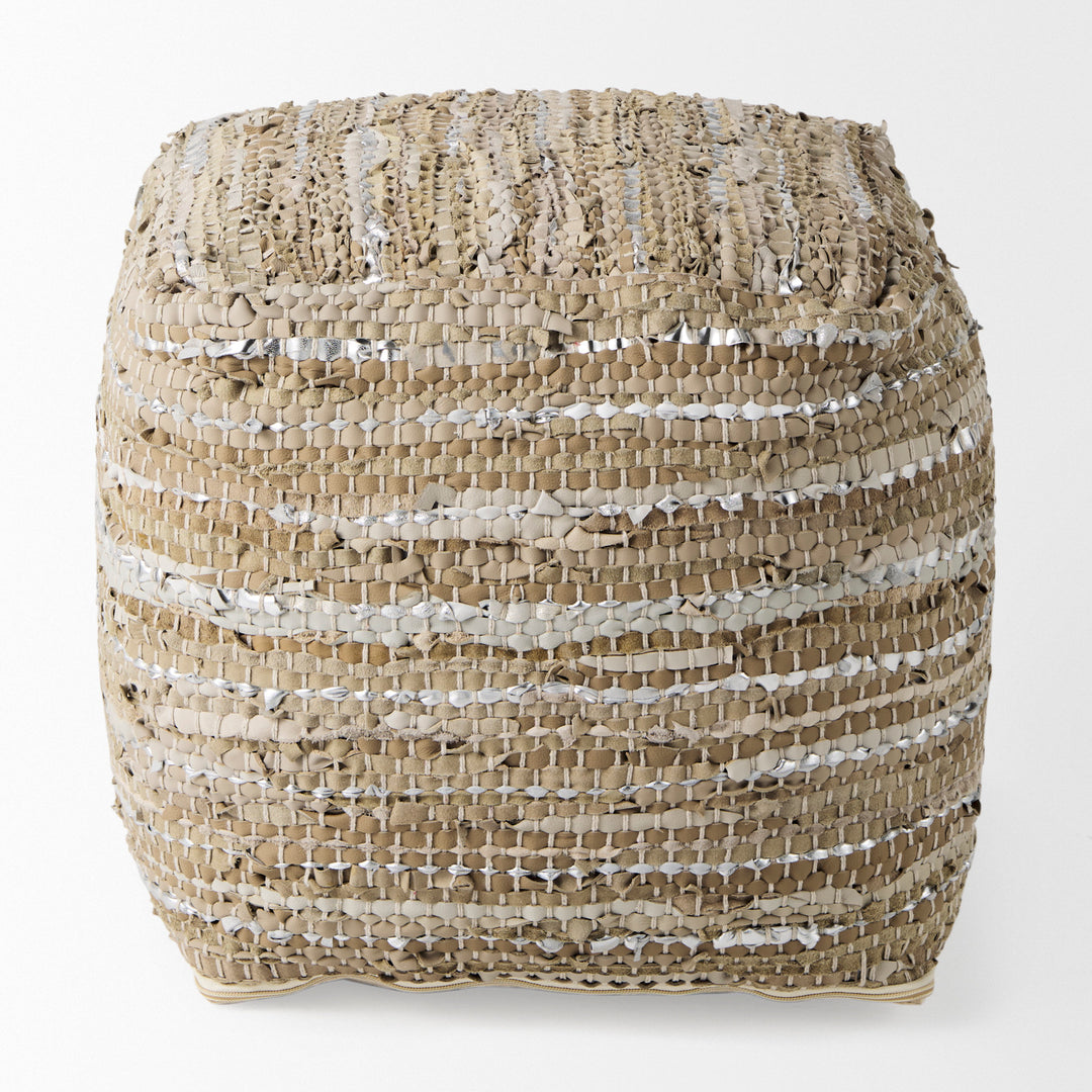 Aadhya Taupe/Silver Leather and Cotton Pouf Living Room Mercana