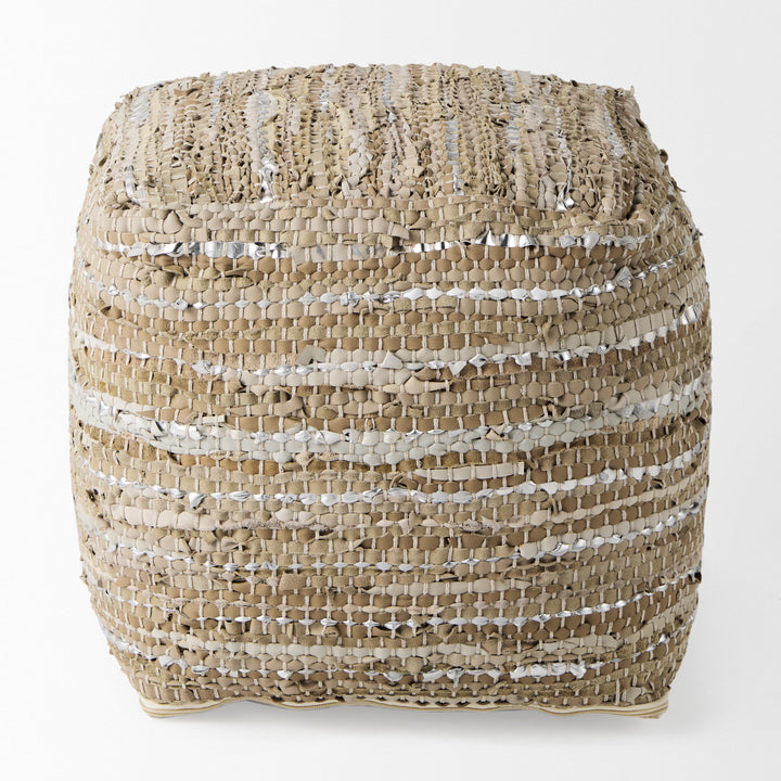 Aadhya Taupe/Silver Leather and Cotton Pouf Living Room Mercana