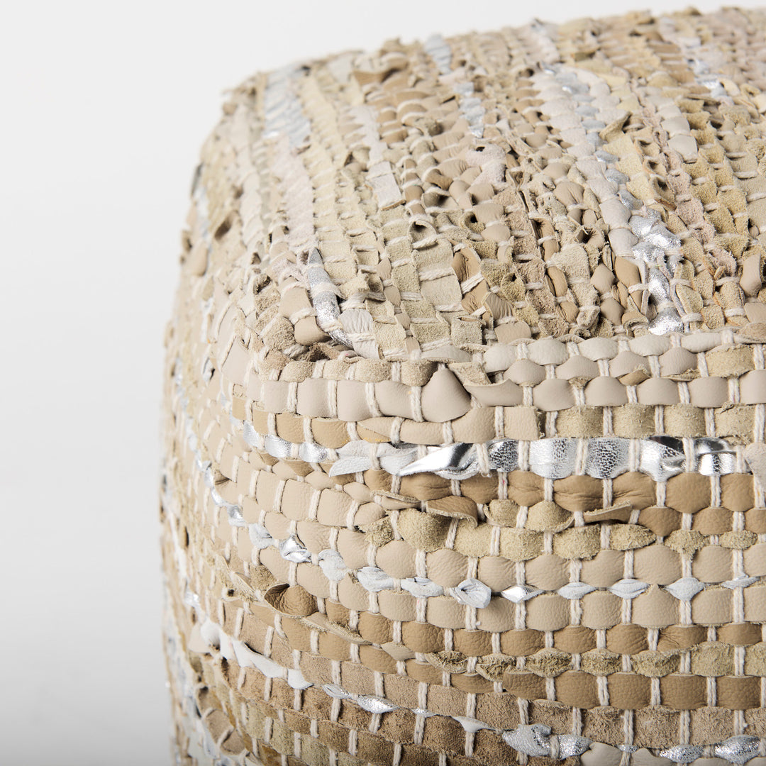 Aadhya Taupe/Silver Leather and Cotton Pouf Living Room Mercana