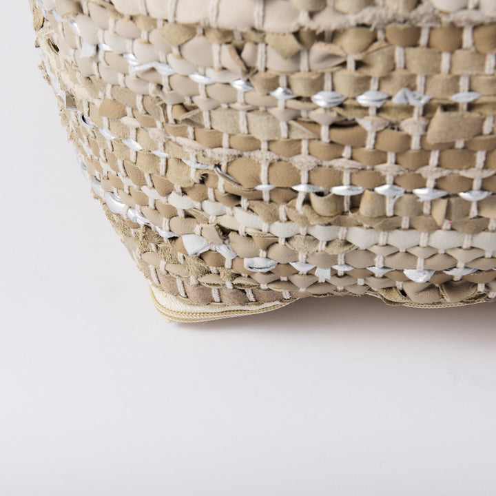 Aadhya Taupe/Silver Leather and Cotton Pouf Living Room Mercana