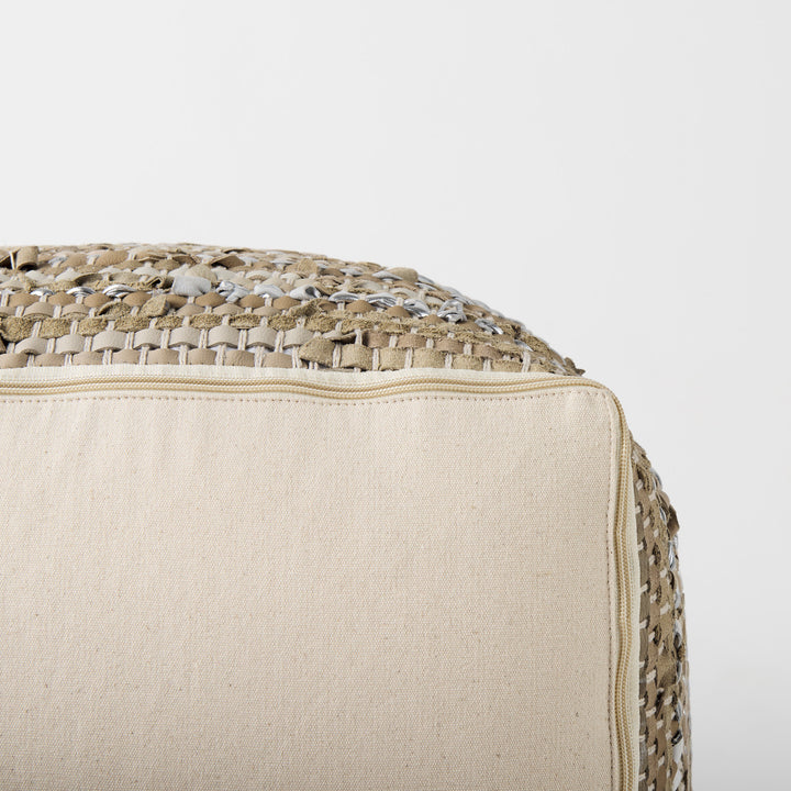 Aadhya Taupe/Silver Leather and Cotton Pouf Living Room Mercana