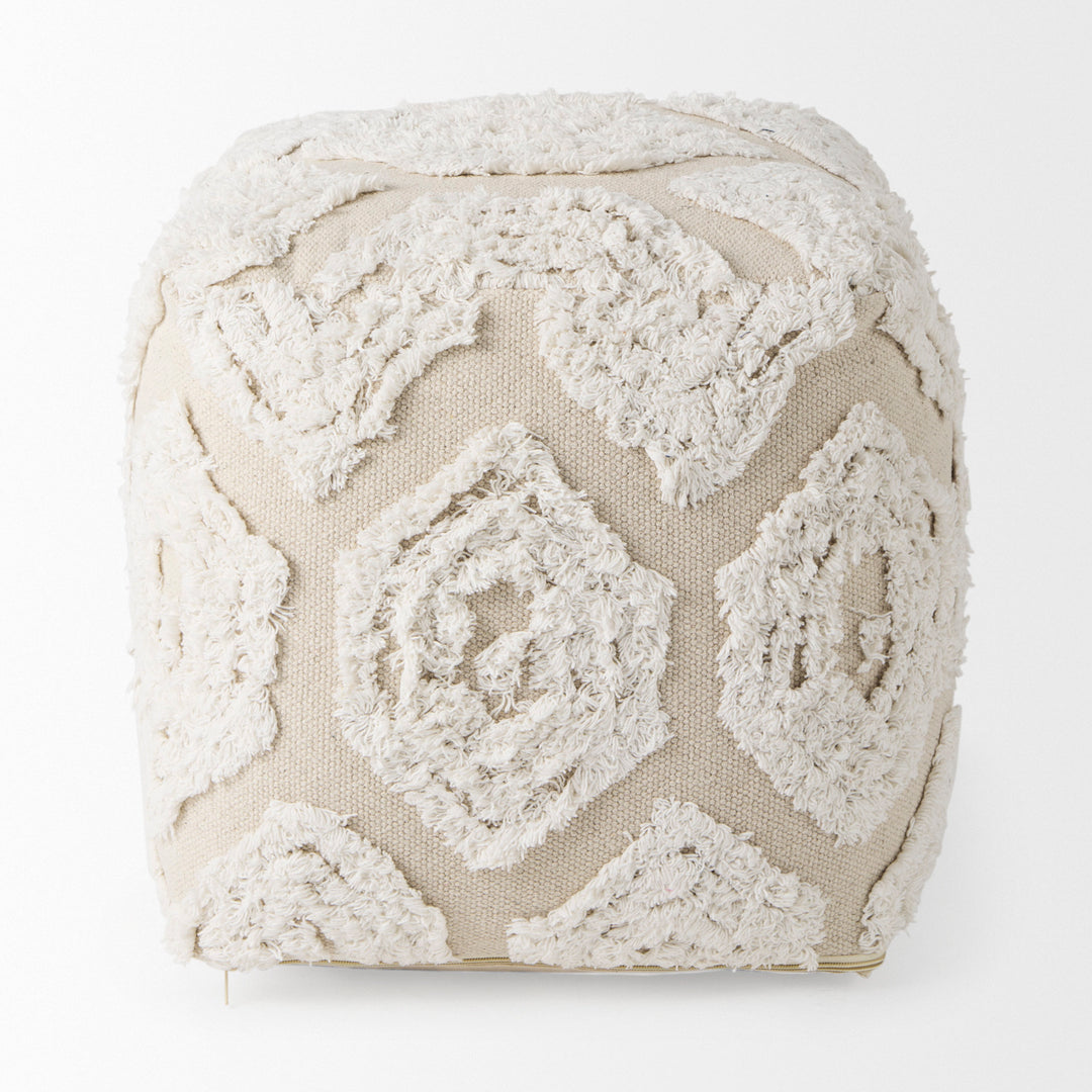 Ekanta Cream/Beige Patterned Cotton Pouf Living Room Mercana