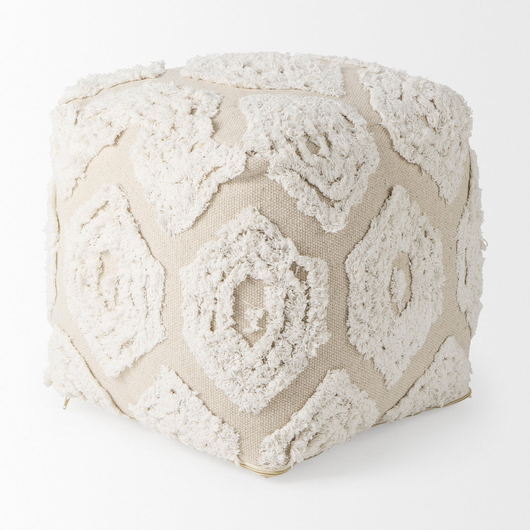 Ekanta Cream/Beige Patterned Cotton Pouf Living Room Mercana