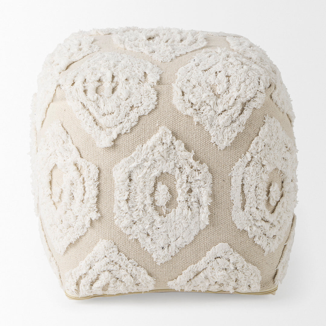 Ekanta Cream/Beige Patterned Cotton Pouf Living Room Mercana