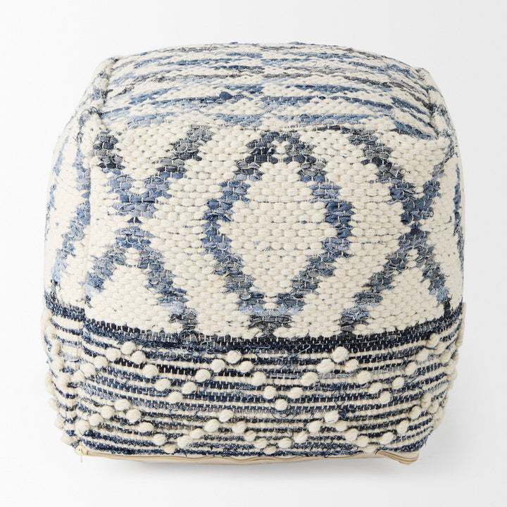 Eshana Cream Wool and Denim Patterned Pouf Living Room Mercana