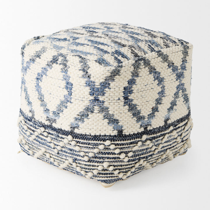 Eshana Cream Wool and Denim Patterned Pouf Living Room Mercana