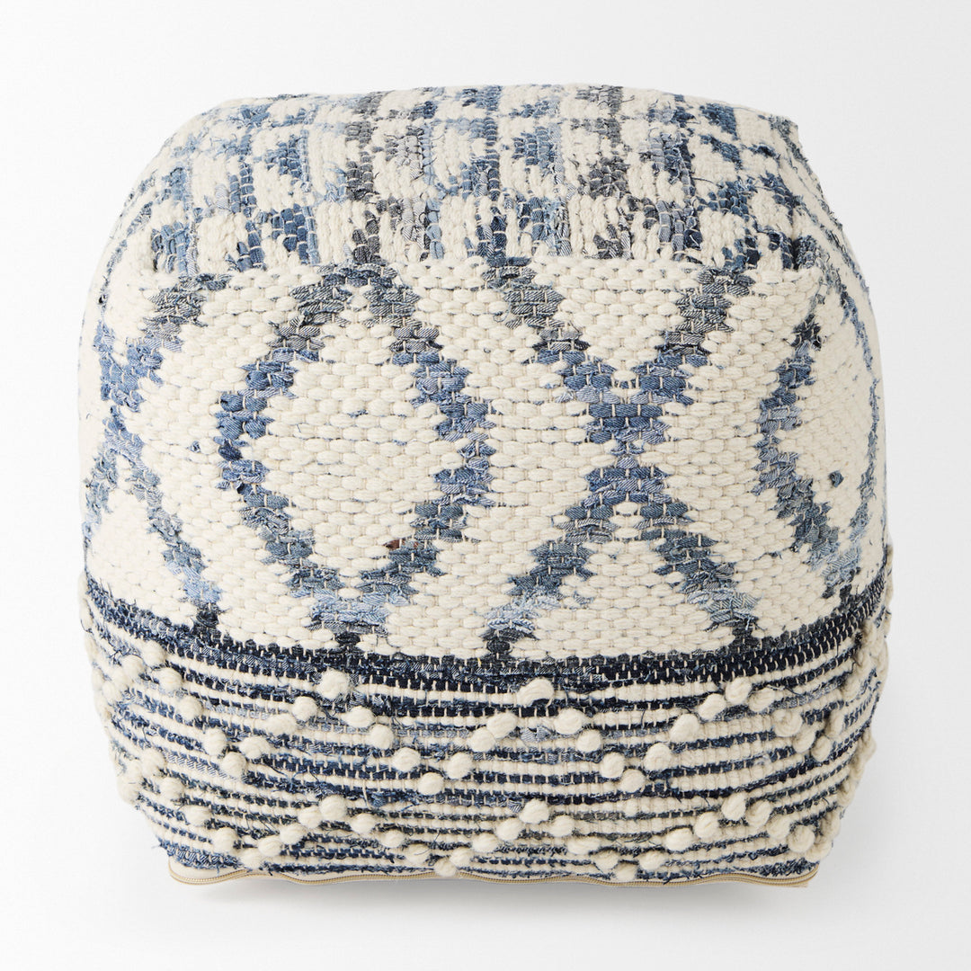 Eshana Cream Wool and Denim Patterned Pouf Living Room Mercana