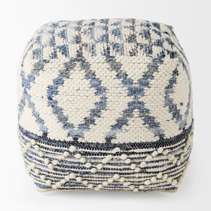 Eshana Cream Wool and Denim Patterned Pouf Living Room Mercana