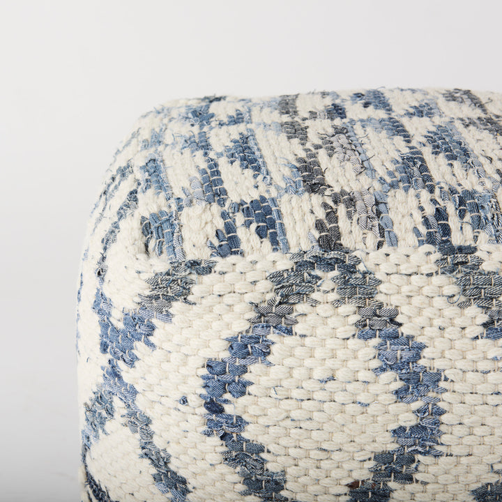 Eshana Cream Wool and Denim Patterned Pouf Living Room Mercana