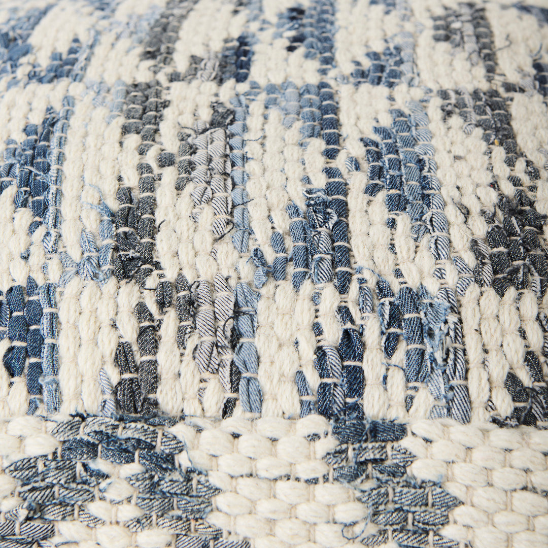 Eshana Cream Wool and Denim Patterned Pouf Living Room Mercana