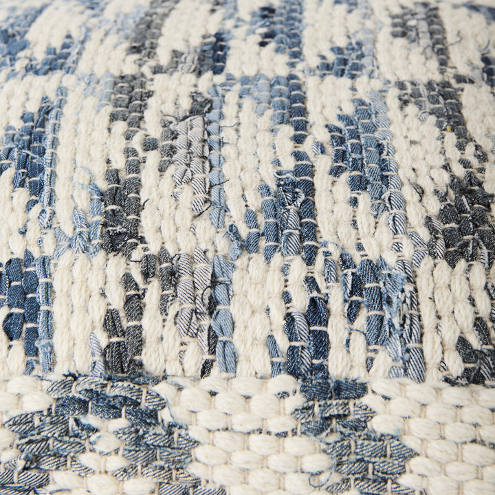 Eshana Cream Wool and Denim Patterned Pouf Living Room Mercana