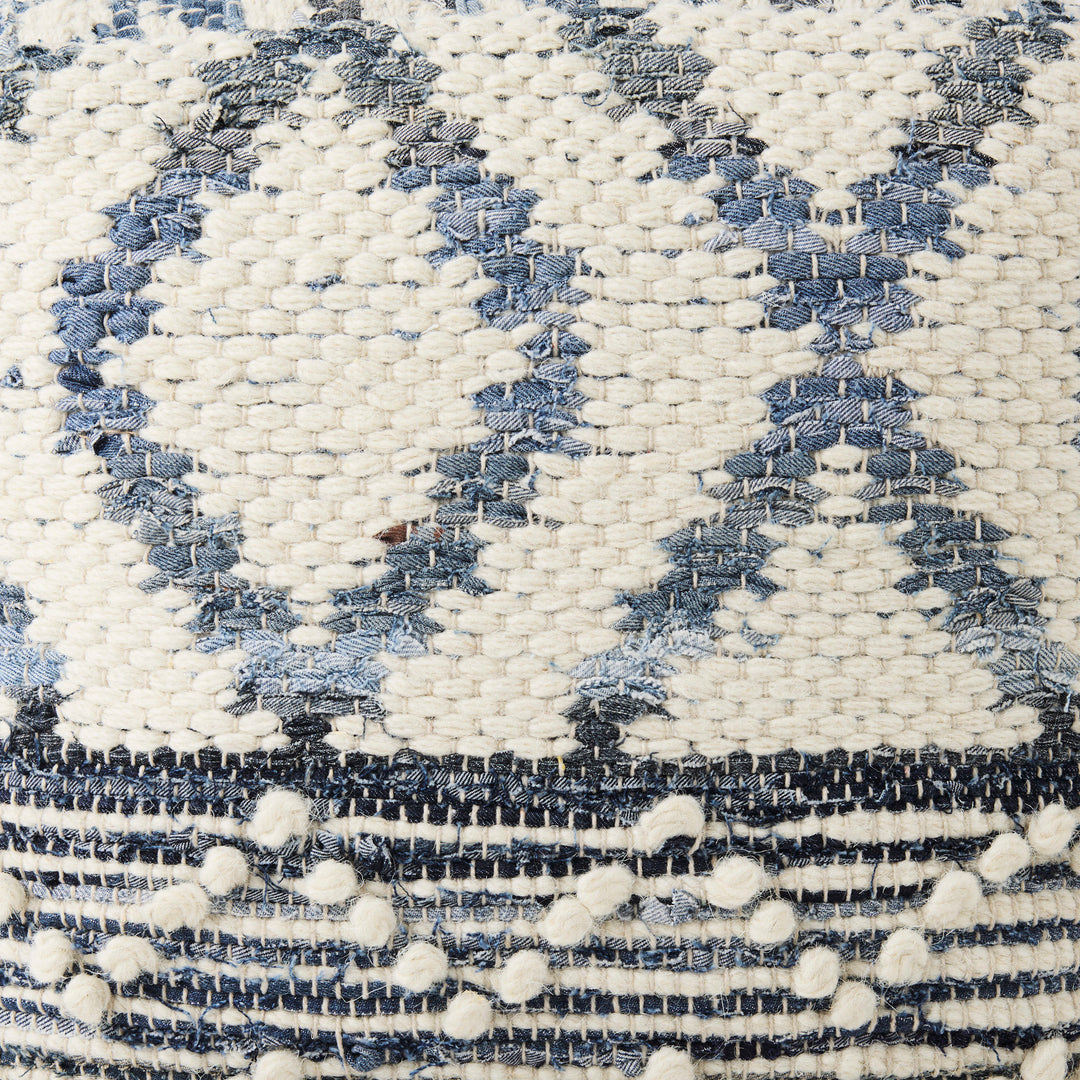 Eshana Cream Wool and Denim Patterned Pouf Living Room Mercana